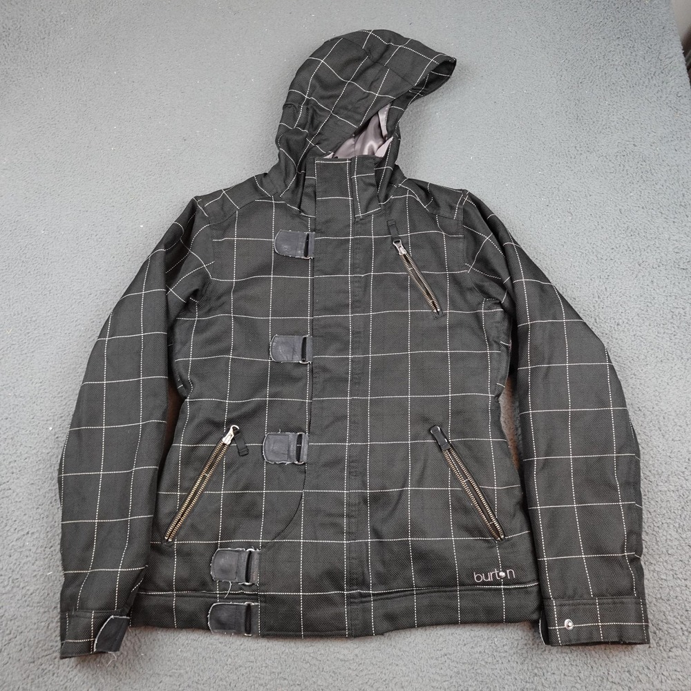 Burton Jacket Womens Large Black Plaid Hooded Faux Fur Lined Ski Snowboard Parka